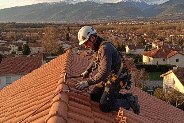 Artisan couvreur travaillant sur une charpente à Saint-Girons